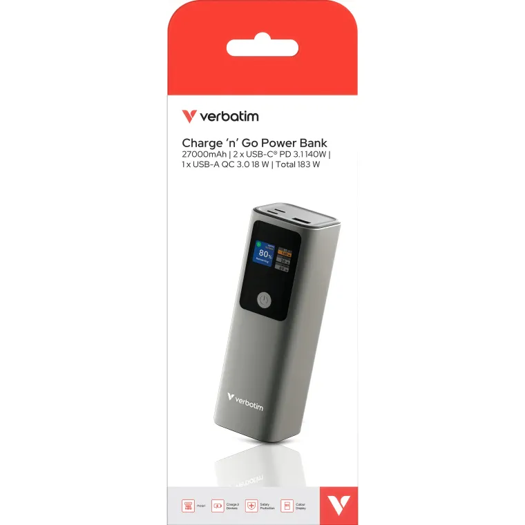 Akku Powerbank Verbatim, 27.000mAh, Charge'n'Go, metall-grau