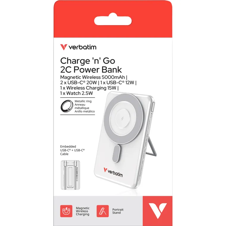 Powerbank Verbatim Charge'n'Go 2C, 5.000mAh, Klappstand, silber