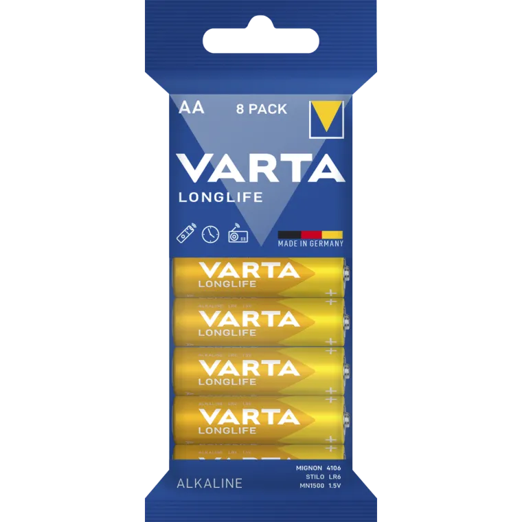 Mignon-Batterie VARTA "LONGLIFE" Alkaline, 1,5V, Typ AA, LR06, 8er-Pack