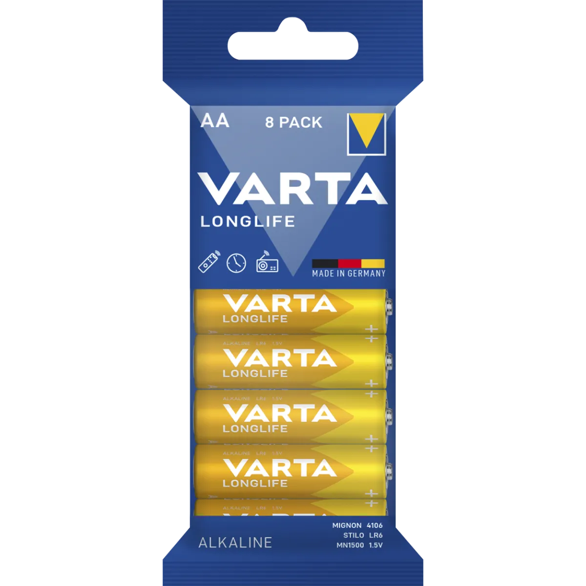 Mignon-Batterie VARTA "LONGLIFE" Alkaline, 1,5V, Typ AA, LR06, 8er-Pack