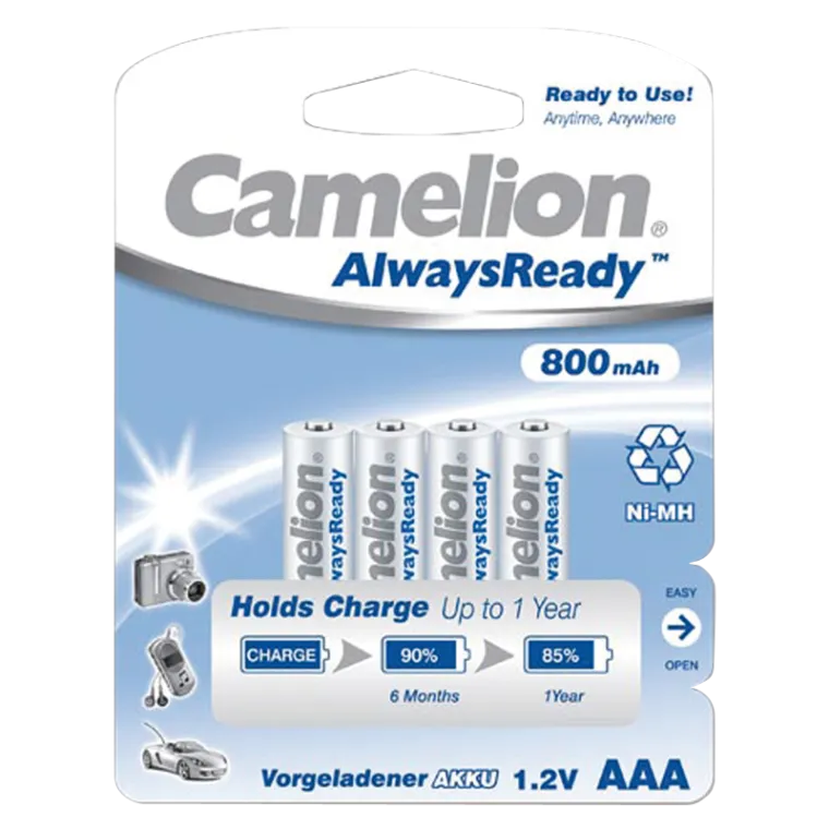 Micro-Akku CAMELION "AlwaysReady", NiMH, 800 mAh, Typ AAA, 4er-Blister