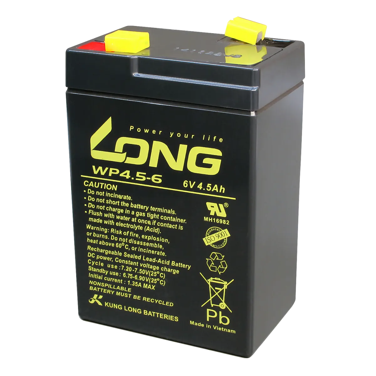 Bleiakku KUNG LONG "WP4,5-6", 6V, 4,5Ah, 70x47x101mm