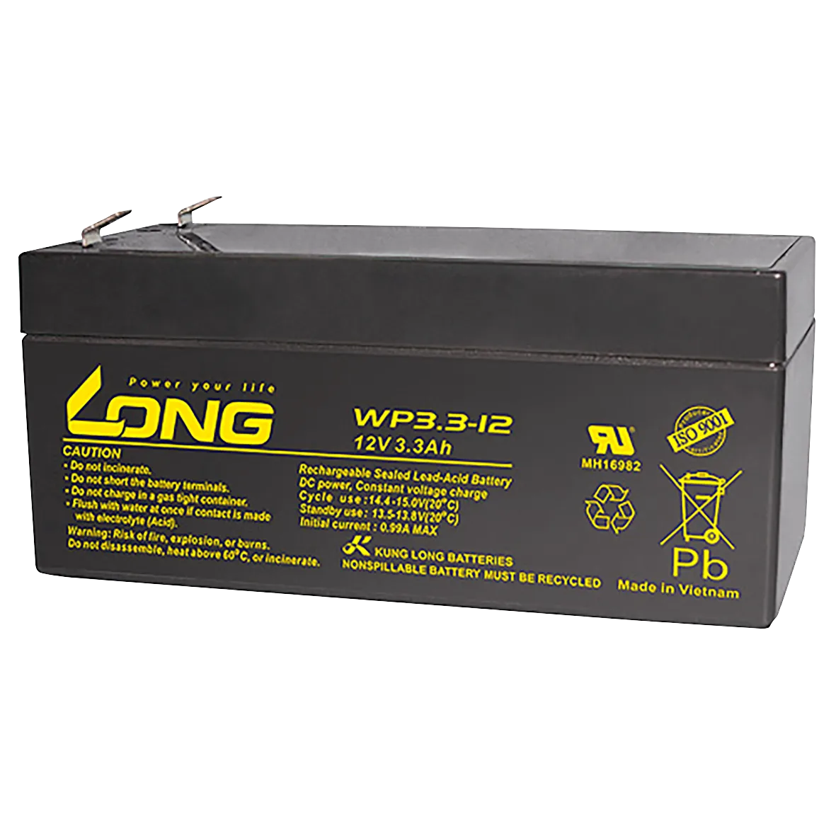 Bleiakku KUNG LONG "WP3,3-12", 12V, 3,3Ah, 134x67x59,5mm