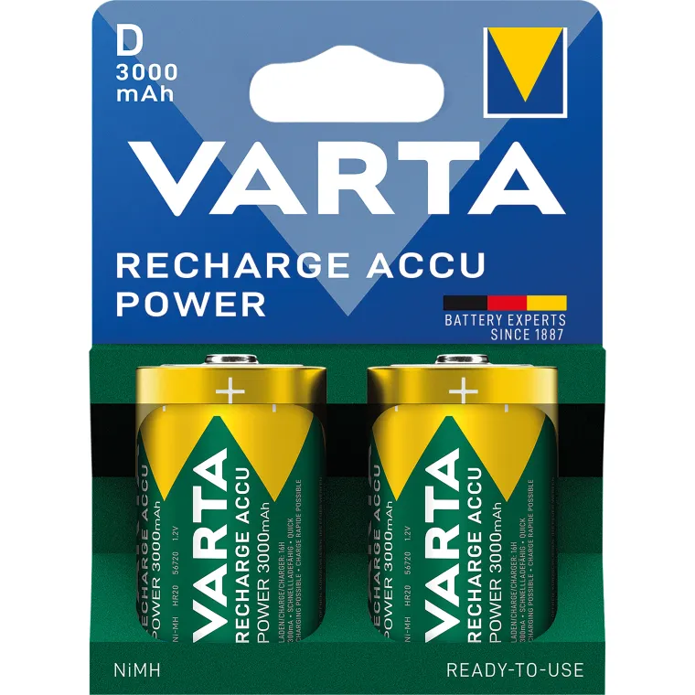 Mono-Akku VARTA, Typ D, NiMH-Akku, HR20, 1,2V/3000mAh, Pre-charged, 2er-Pack