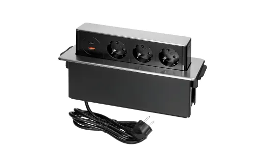 Versenkbare Tischsteckdose, 3x Schuko, 2xUSB (Typ A+C), inkl. 2m Kabel