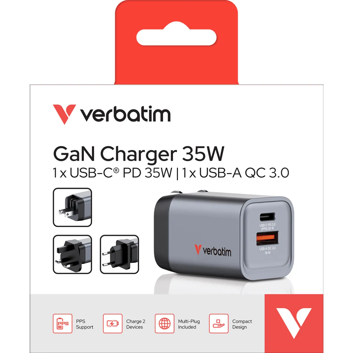 Ladeadapter Verbatim, Universal, GNC-35, GaN, 35W, grau