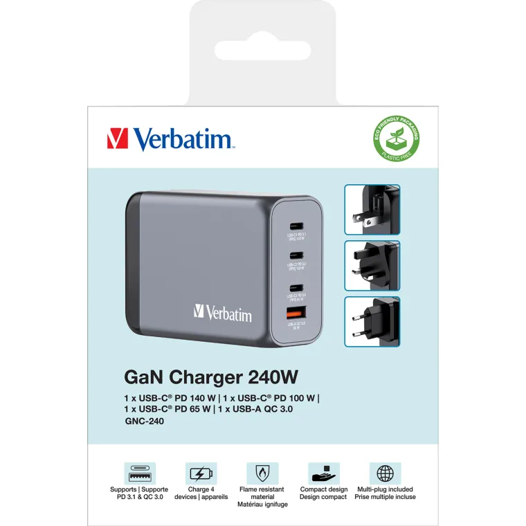 Ladeadapter Verbatim, Universal, GNC-240, GaN, 240W, grau
