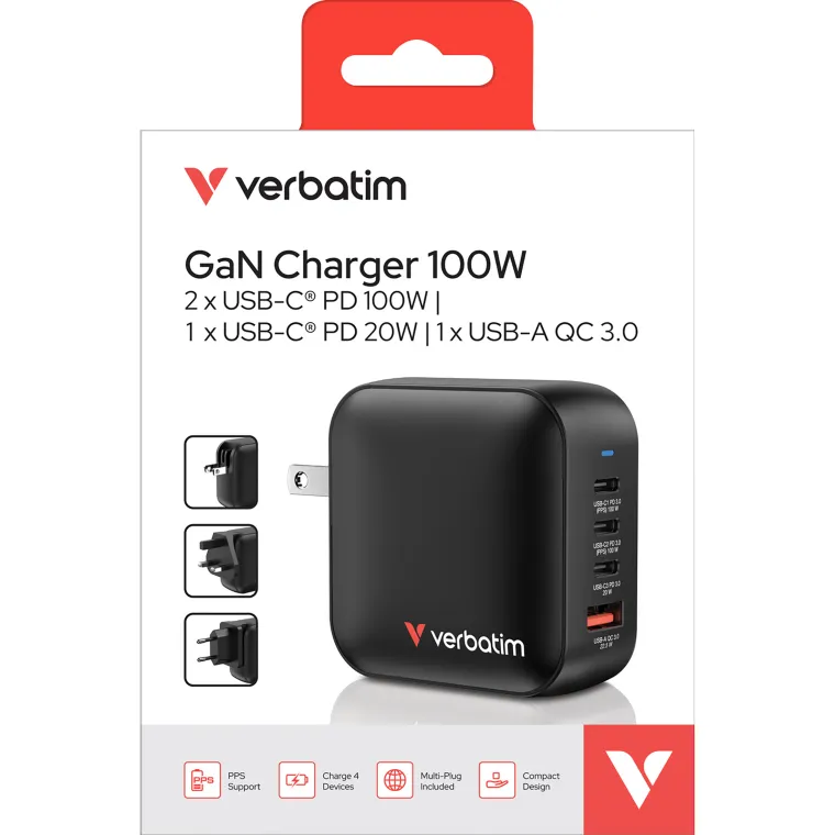 Ladeadapter Verbatim, Mini GaN, 100W, schwarz