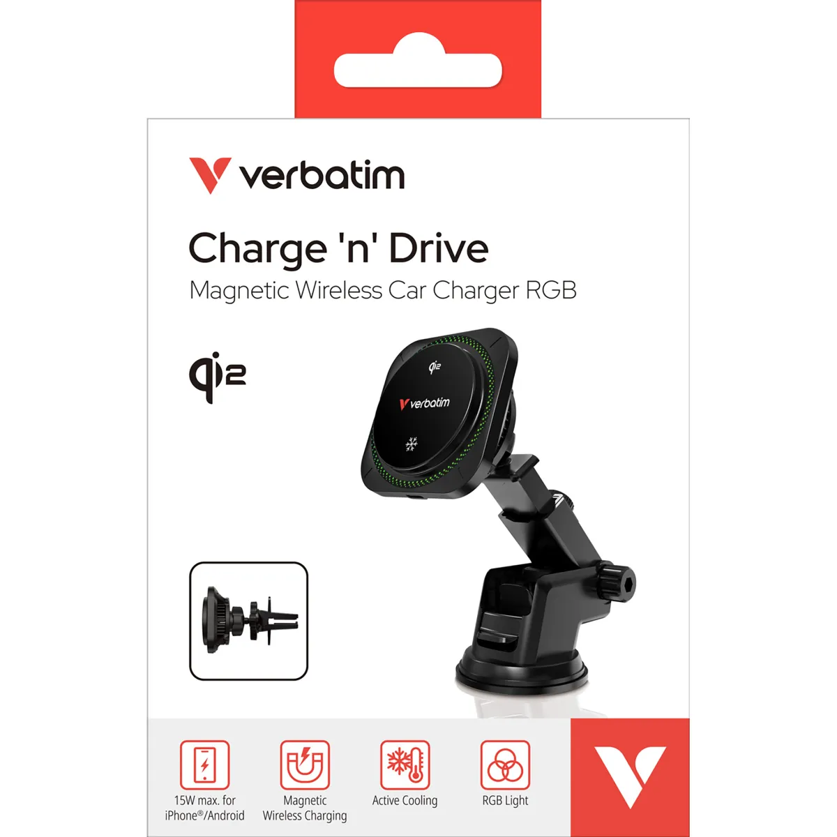 Wireless Charger Verbatim, KFZ, Qi2, Magnetic, RGB, CND-01