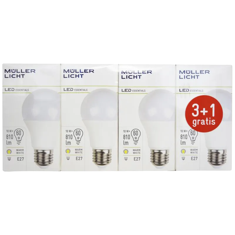 LED Glühlampe, E27, 10W, 810lm, 2700K, warmweiß, 3+1 Set