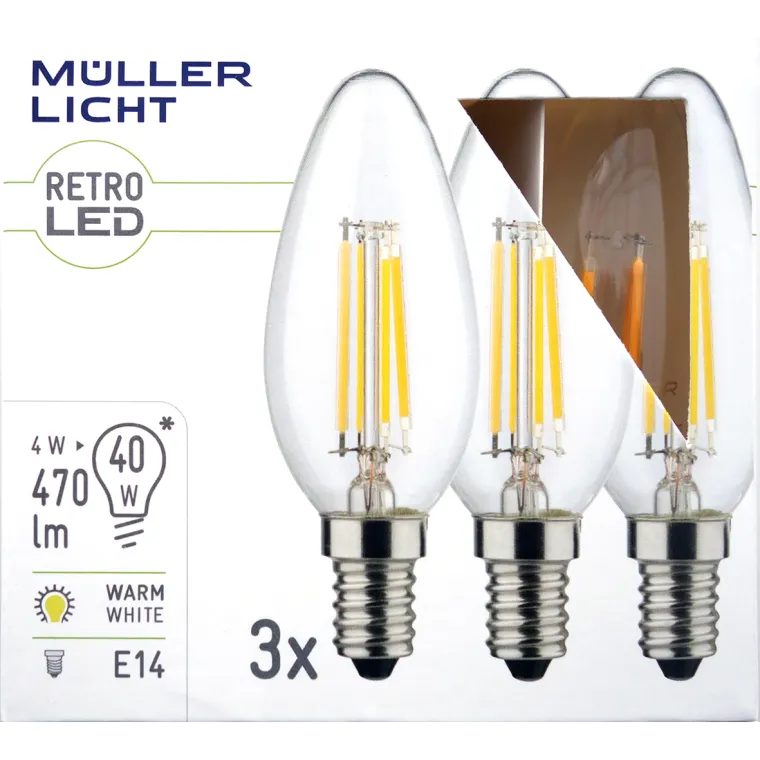 LED Filament Kerzenlampe, E14, 4W, 470lm, 2700K, warmweiß, 3er Set