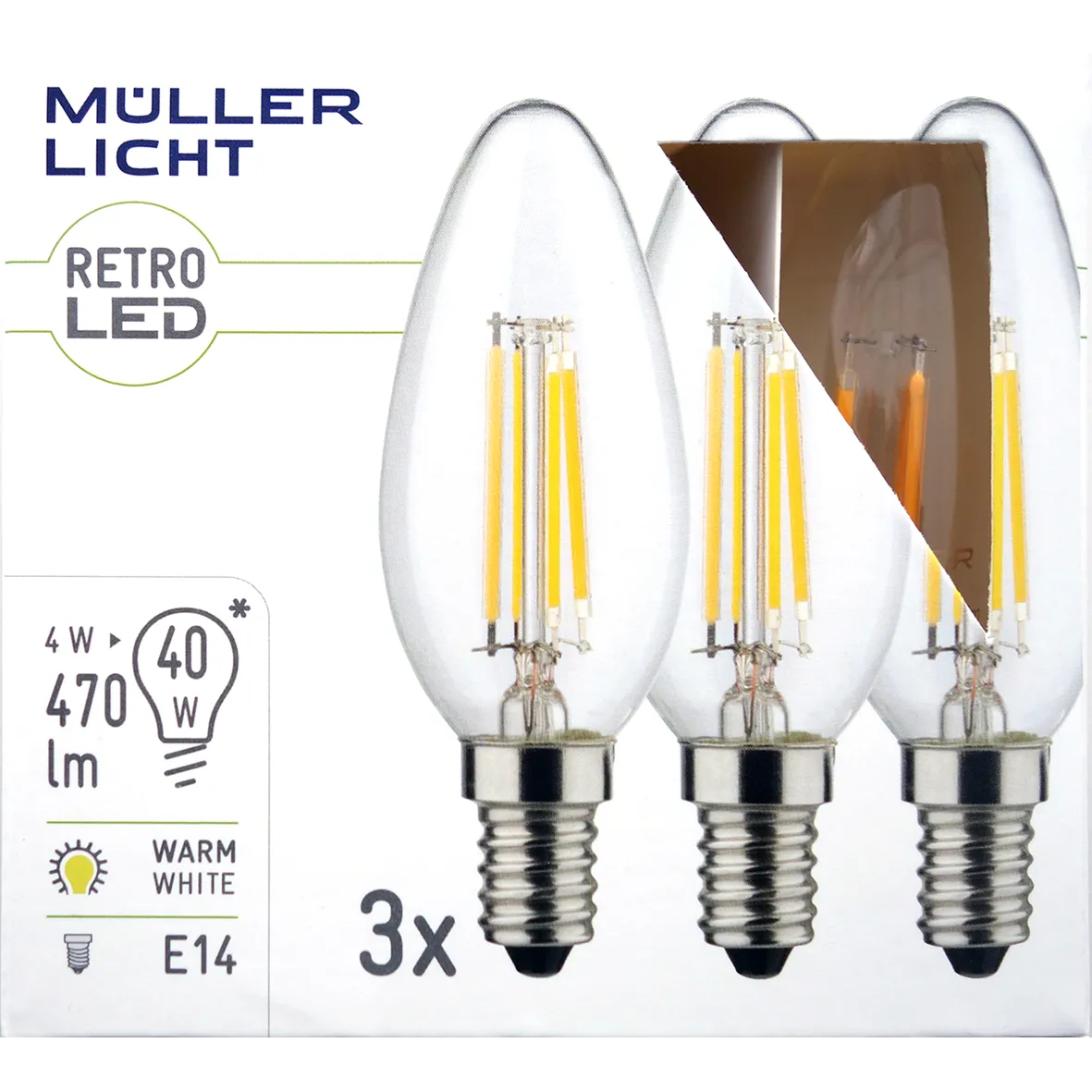 LED Filament Kerzenlampe, E14, 4W, 470lm, 2700K, warmweiß, 3er Set