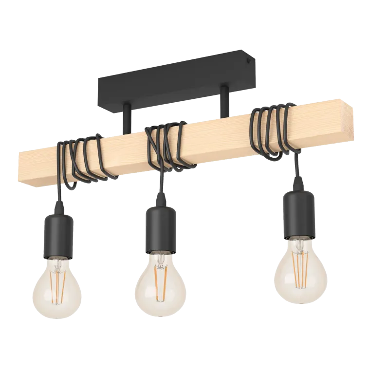 Deckenleuchte EGLO "Townshend", 3-flammig, Holz/schwarz, E27, 55x10,5x26,5cm