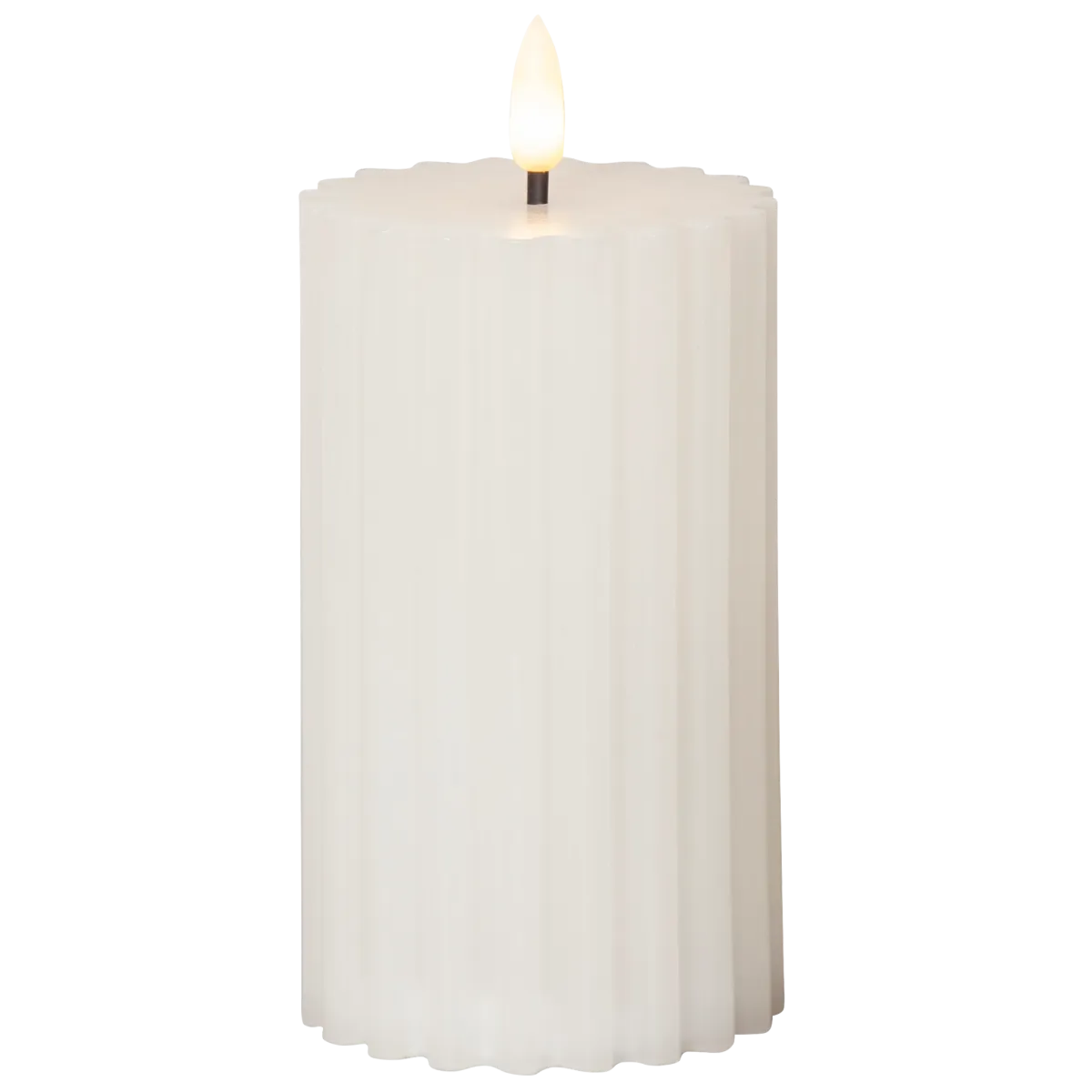 LED Wachskerze "Flamme Stripe", 7,5x15cm, natürliche Flamme, weiß