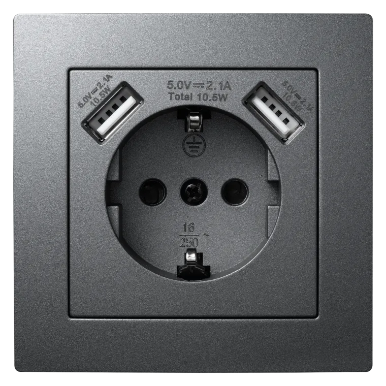 Schutzkontakt-Steckdose mit 2x USB McPower "Flair", 250V, 5V/2,1A, UP, anthrazit