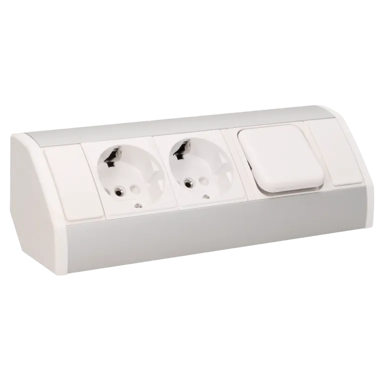 Steckdosenblock Aufbau, silber-weiß, 2fach, ein Schalter, 3680W