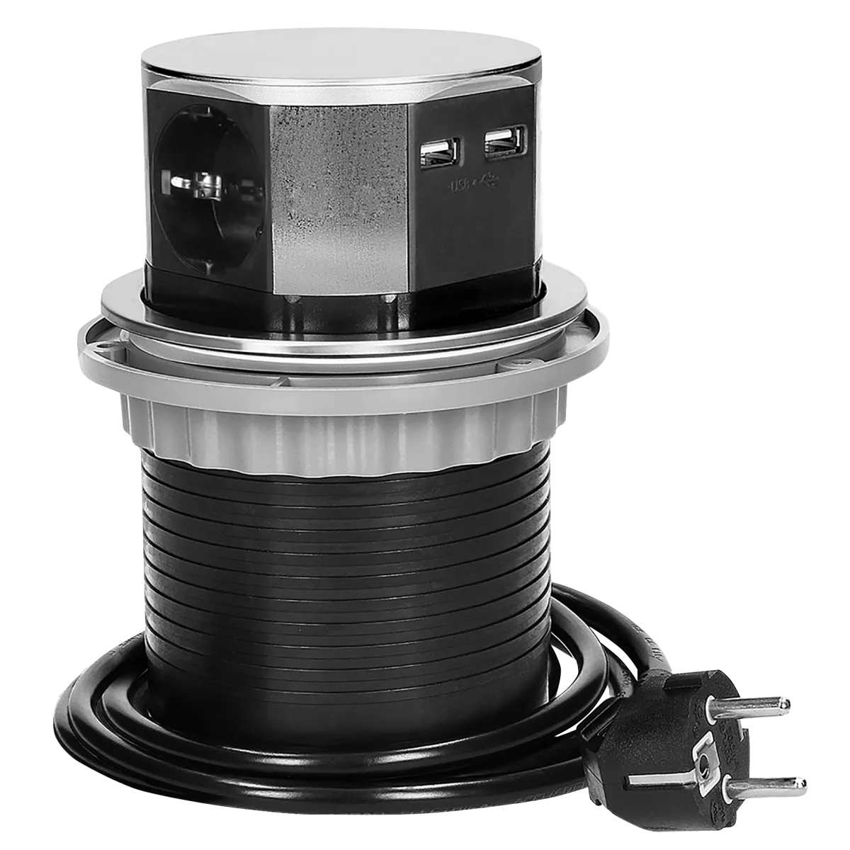 Tisch-Einbausteckdose Ø10cm, 3fach, 2 USB 2,4 A, Edelstahl, versenkbar