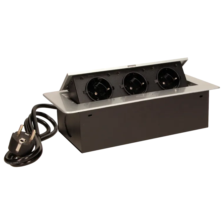 Tisch-Einbausteckdose, 3fach, silber-schwarz, 2500W, 1,5m Anschlusskabel