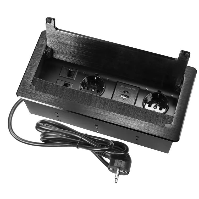 Tisch-Einbausteckdose, 2-fach, 2x USB, 2xRJ45, schwarz, mit Staubschutz, 3600W