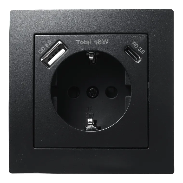 Schutzkontakt-Steckdose McPower "Flair" 1x USB-C 18W PD, 1x USB-A, matt schwarz