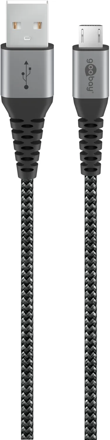 Micro-USB-auf-USB-A-Textilkabel mit Metallsteckern (spacegrau/silber), 2 m