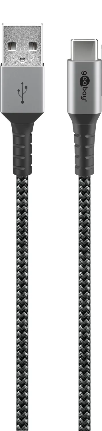 USB-C auf USB-A Textilkabel mit Metallsteckern (spacegrau/silber), 2 m