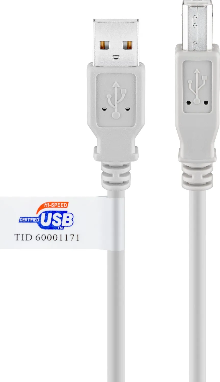 USB-A-auf-USB-B-Kabel, zertifiziert, 2 m, grau