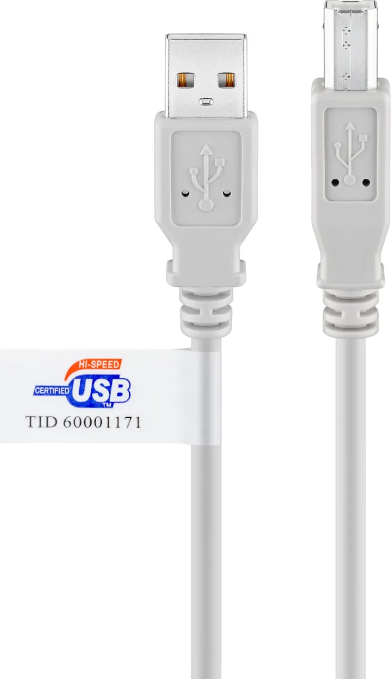 USB-A-auf-USB-B-Kabel, zertifiziert, 5 m, grau