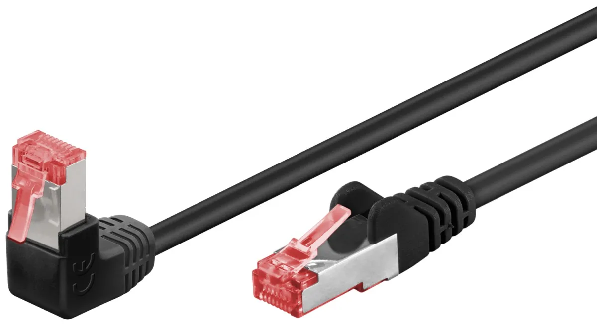 CAT 6 Patchkabel 1x 90° gewinkelt, S/FTP (PiMF), schwarz, 0,5 m
