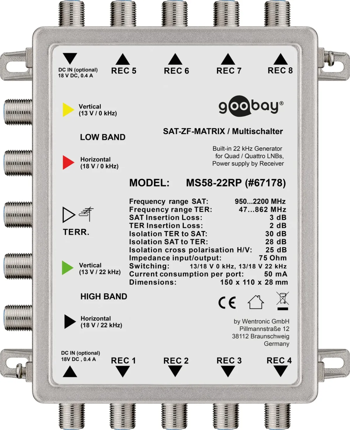 Sat Multischalter passiv 5 Eingänge/8 Ausgänge