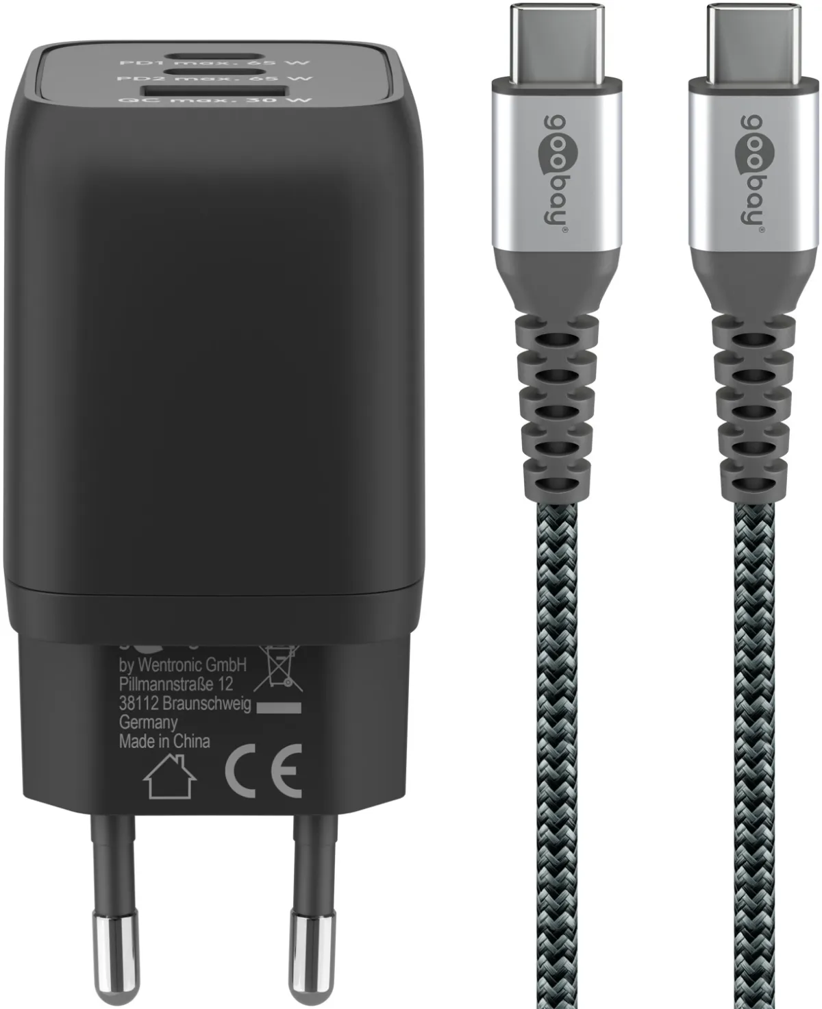 65 W Set aus USB-C-Schnellladegerät Nano und USB-C-Textilkabel (1 m)