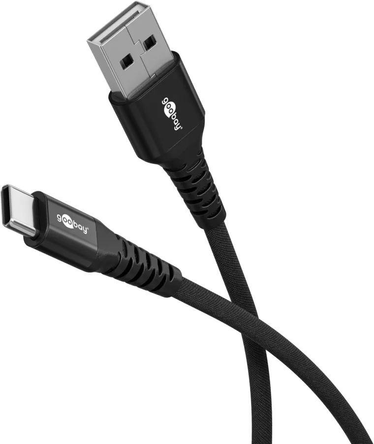USB-C auf USB-A Supersoftes Textilkabel mit Metallsteckern, 1 m, schwarz