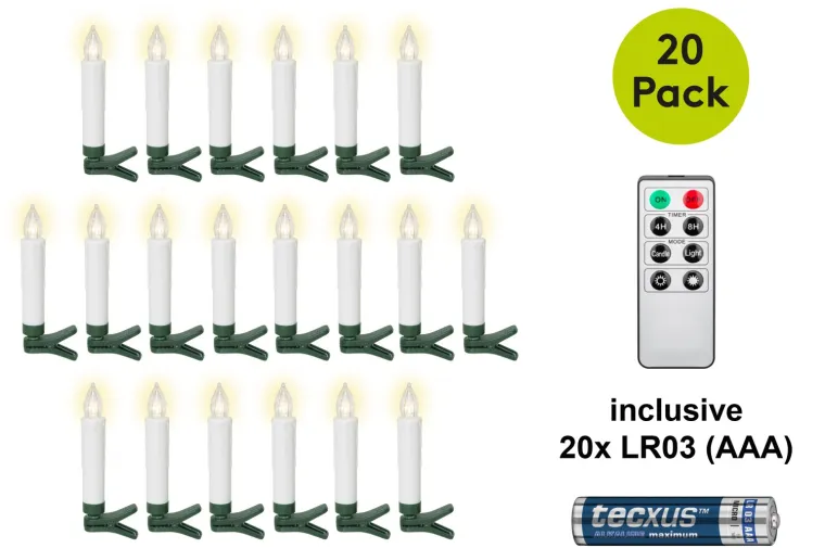 20 kabellose LED-Weihnachtsbaumkerzen inkl. 20x AAA (LR03)