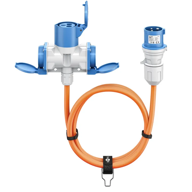 CEE-Adapterleitung, CEE-Stecker auf 1x CEE-Kupplung und 2x Schutzkontakt-Kupplung, 1,5 m