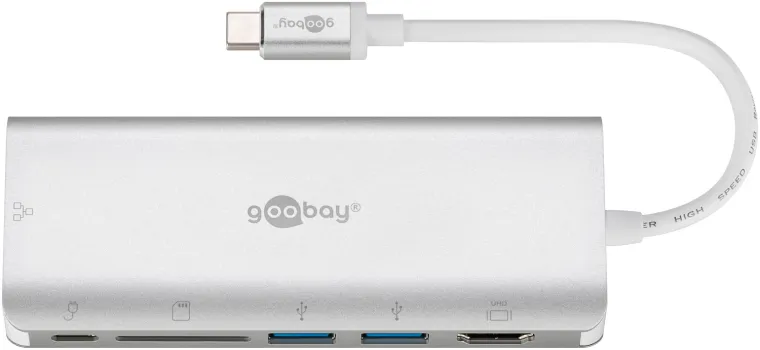 USB-C-Multiport-Adapter auf HDMI, USB-A, Cardreader, RJ45, Aluminium, silber