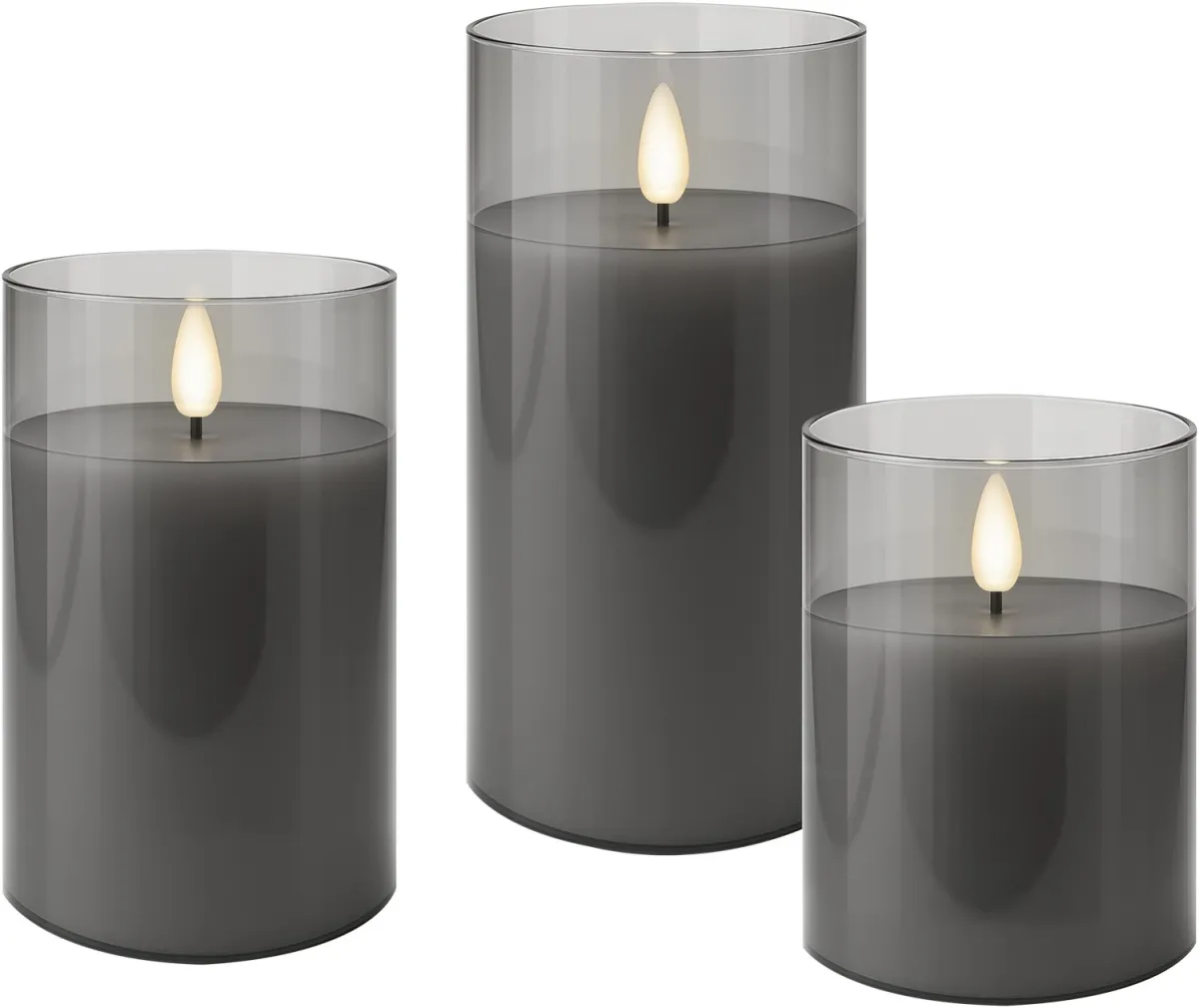 3er-Set LED-Echtwachs-Kerzen im Glas, grau-transparent