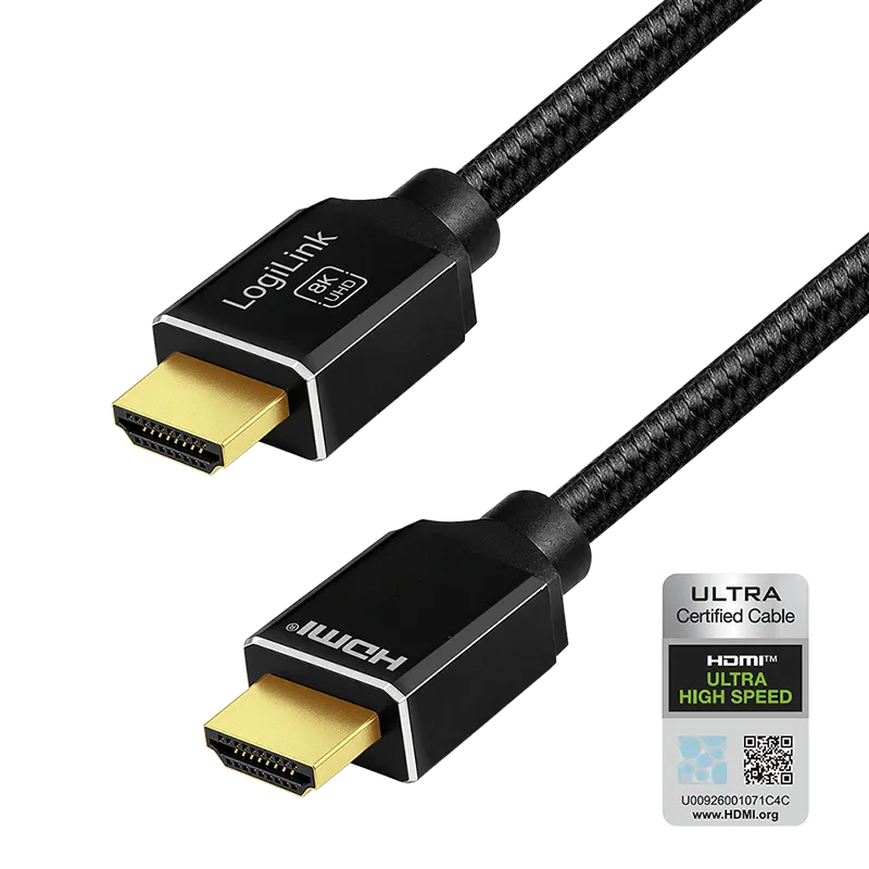 HDMI-Kabel, A/M zu A/M, 8K/60 Hz, 48 Gbit/s, Metall, Nylon, Zertifiziert, schwarz, 2 m