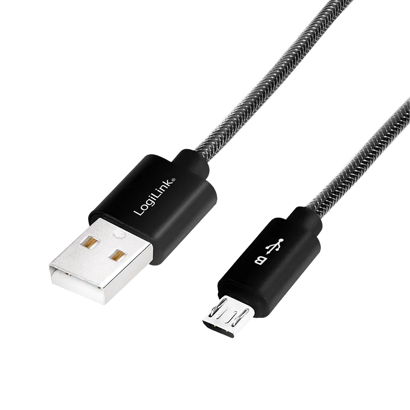 USB 2.0-Kabel, USB-A/M zu Micro-USB/M, Nylon, Alu, schwarz, 2 m