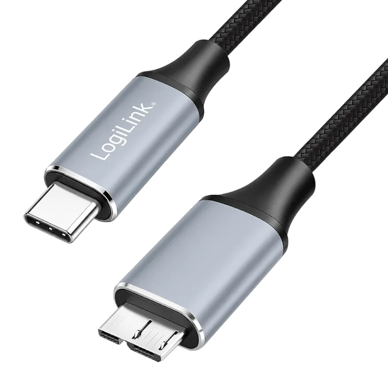 USB 3.2 Gen 1 Type-C-Kabel, C/M zu Micro-USB/M, 5 Gbit/s, Nylon, Metall, schwarz/silber, 2 m