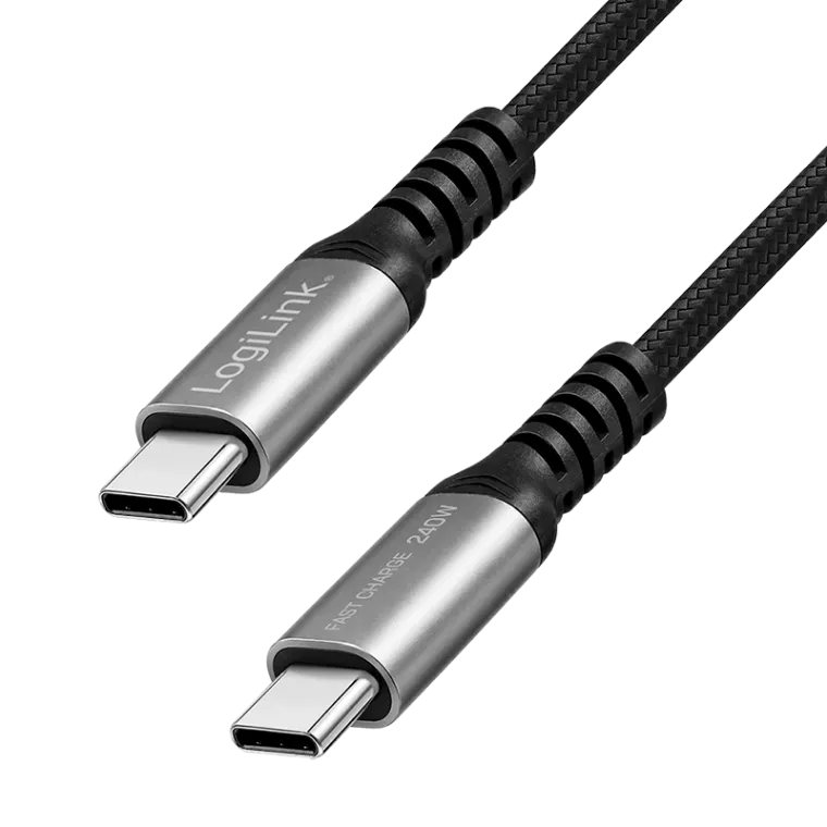 USB 2.0 Type-C-Kabel, C/M zu C/M, 480 Mbit/s, 240W, Nylon, Metal, schwarz/silber, 0,5 m
