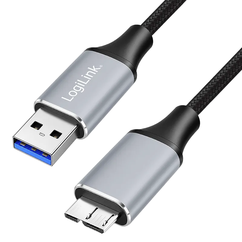 USB 3.0-Kabel, A/M zu Micro-USB/M, 5 Gbit/s, Nylon, Metall, schwarz/silber, 1 m