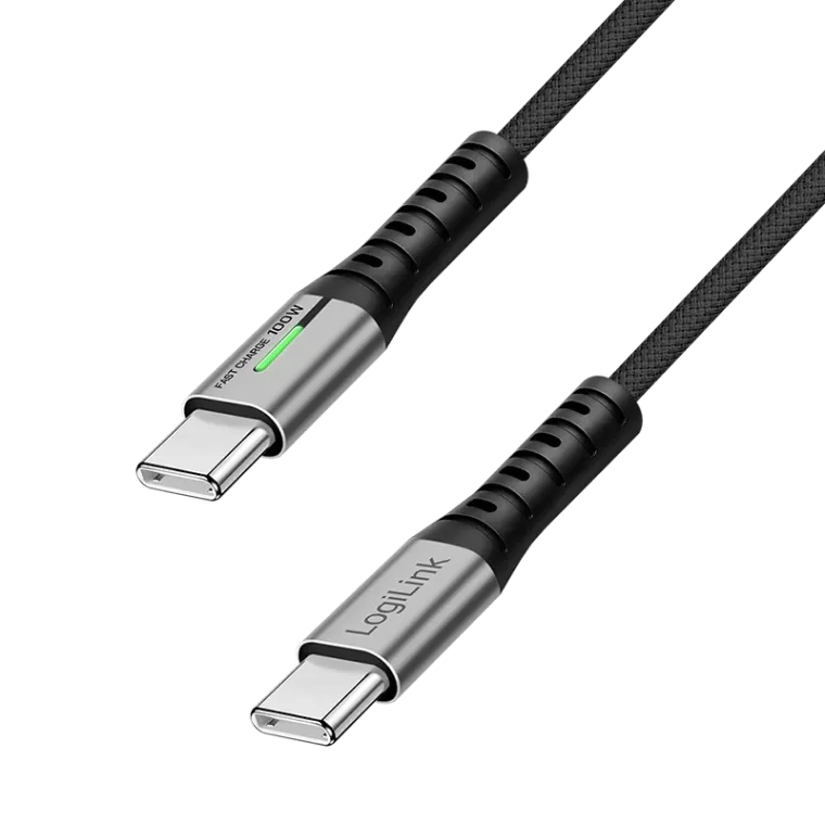 USB 2.0 Type-C-Kabel, C/M zu C/M, 480 Mbit/s, 100W, LED, Nylon, Metall, schwarz, 2 m