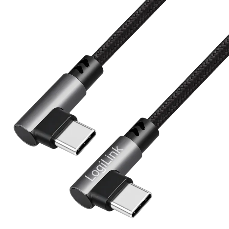 USB 2.0 Type-C-Kabel, C/M 90° zu C/M 90°, 480 Mbit/s, 100W, Metall, silber/schwarz, 1 m