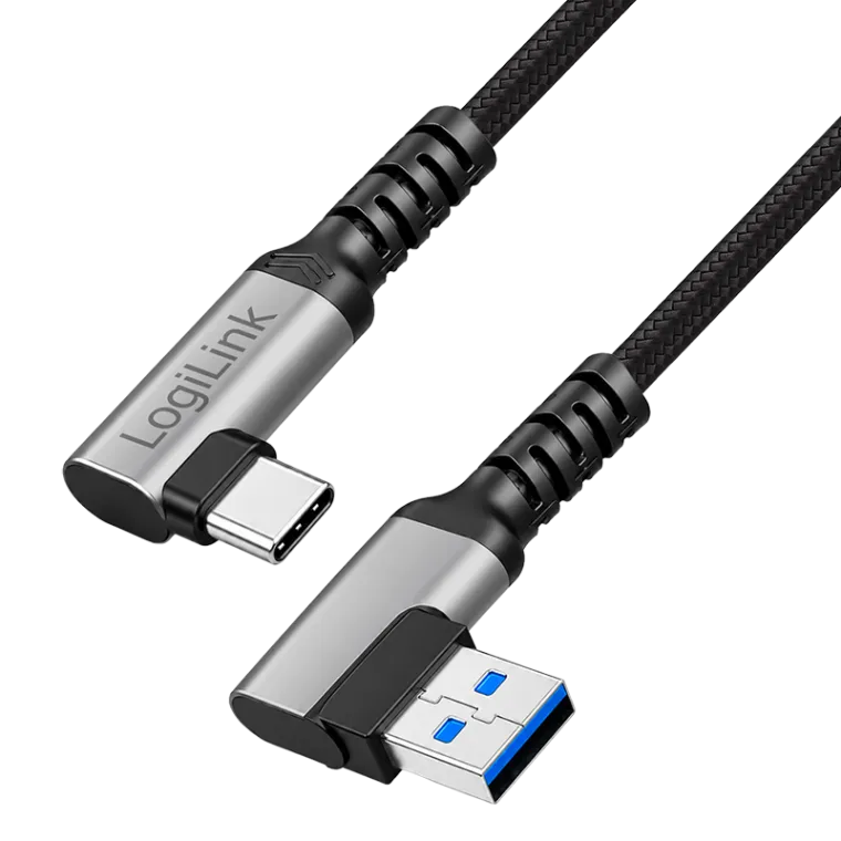 USB 3.2 Gen1 Type-C-Kabel, A/M 90° zu C/M 90°, 5 Gbit/s, 60 W, Metall, silber/schwarz, 1 m