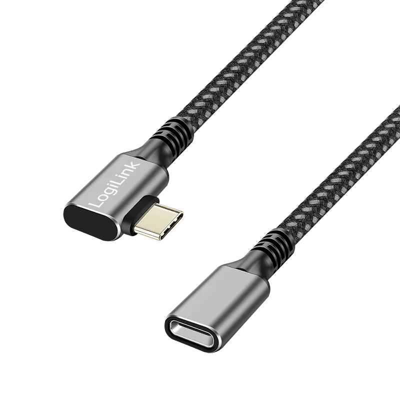 USB 3.2 Gen2 Type-C-Kabel, C/M 90° zu C/F, 10 Gbit/s, 100W, Nylon, Alu, schwarz/grau, 1 m