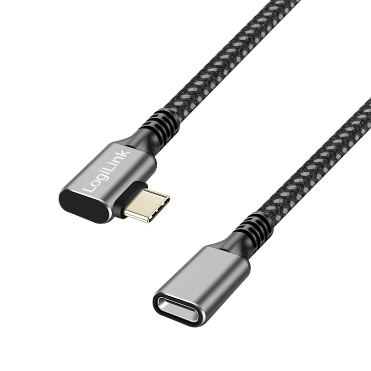 USB 3.2 Gen1 Type-C-Kabel, C/M 90°zu C/F, 5 Gbit/s, 100W, Nylon, Alu, schwarz/grau, 2 m