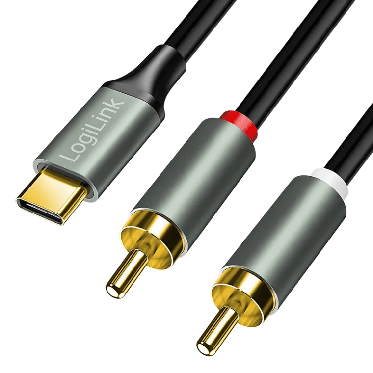 USB 2.0 Type-C-Kabel, C/M zu 2x Cinch/M, Stereo Audio, Alu, schwarz/silber, 1,5 m