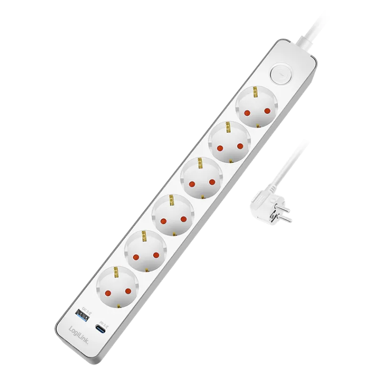 Steckdosenleiste 6-fach + Schalter, 6x CEE 7/3, 1x USB-A (18 W), 1x USB-C (20 W), 1,4 m, Weiß