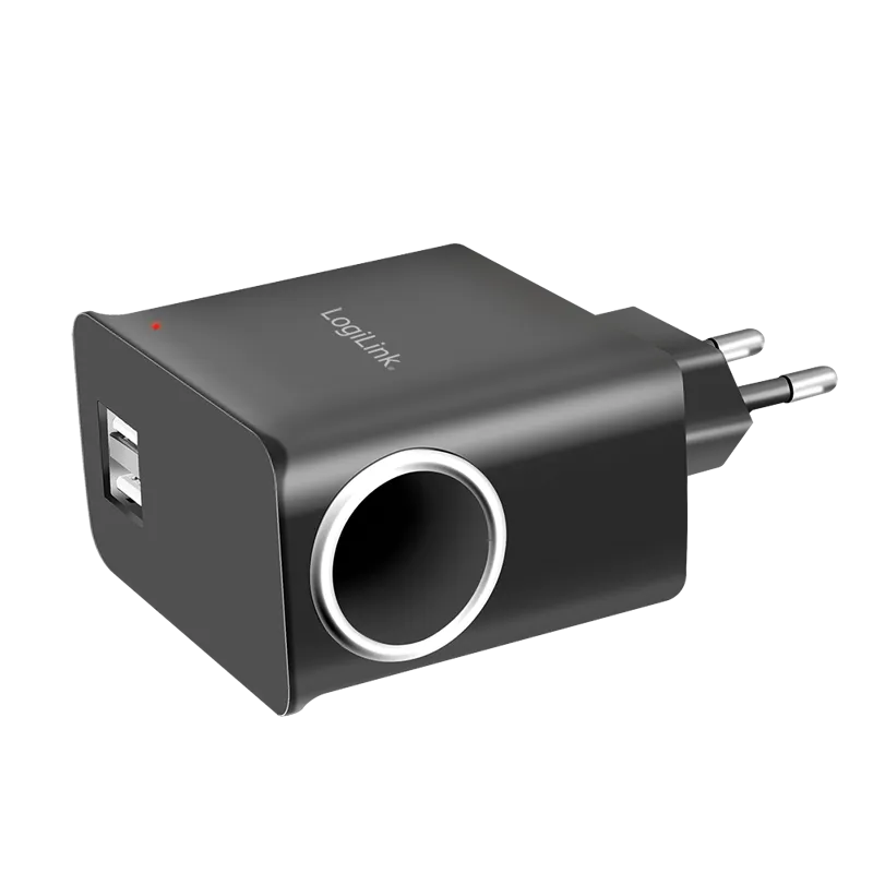 USB-A Ladegerät, 5 W, 2-fach, 2x USB-A, 1x Zigarettenanzünder-Buchse (12 W), Schwarz