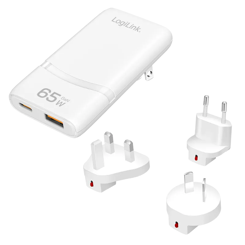 USB-A/C Reiseladegerät, 65 W, GaN, 2-fach, 1x USB-A (QC), 1x USB-C (PD), Slim Version, Weiß